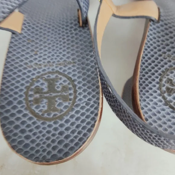Tory Burch Navy Snake Print Leather Studded T-strap Block Heel Sandals, 10.5 - Picture 10 of 15